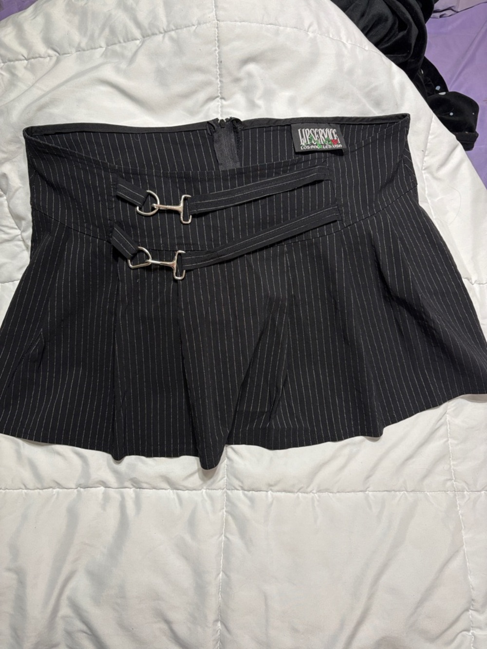 Lip Service Black Pinstripe Mini Skirt with Double Buckle Straps